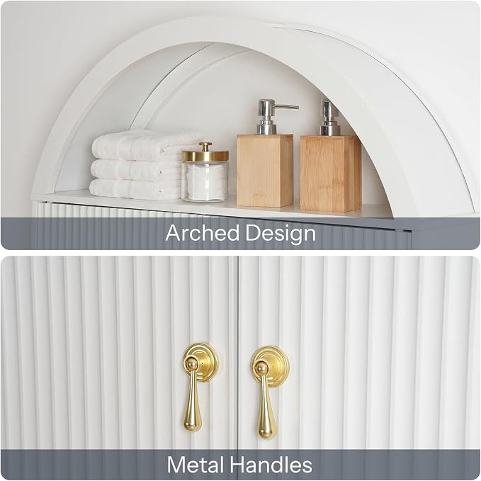 HOOBRO Over the Toilet Storage Cabinet, 67.7'' Tall Bathroom Organizer with Wave Doors, Arched Design with Adjustable Shelf, Toilet Paper Holder, Freestanding Cabinet for Narrow Space, White WT26TS01