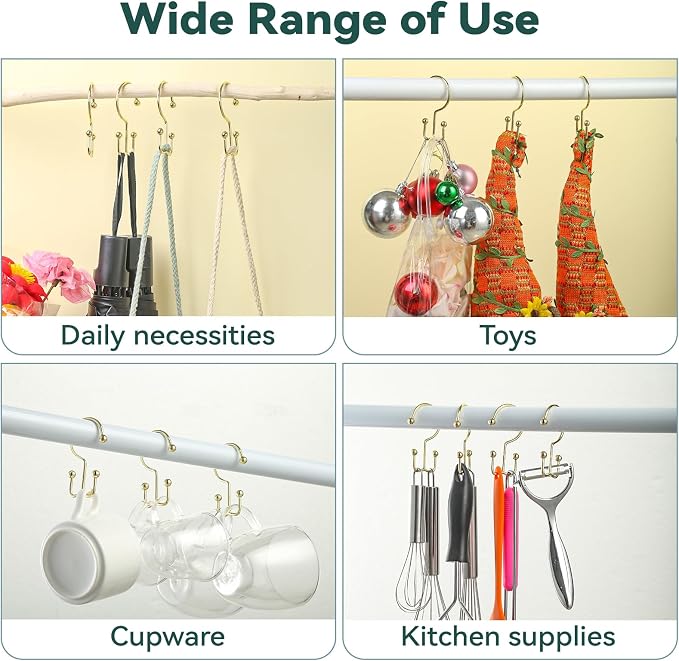 24 Pcs Shower Curtain Hooks, Goowin Shower Curtain Rings, Durable Gold Shower Curtain Hooks, Double Glide Shower Curtain Rings Rust Proof, Simple Shower Hooks for Shower Curtain & Liner, Gold