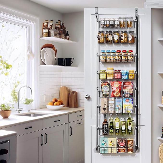 Delamu Over The Door Pantry Organizer, 8-Tier Pantry Door Organizers and Storage, Metal Hanging Spice Rack, Seasoning Organizer, Door Organizer for Home Kitchen Bathroom, Black