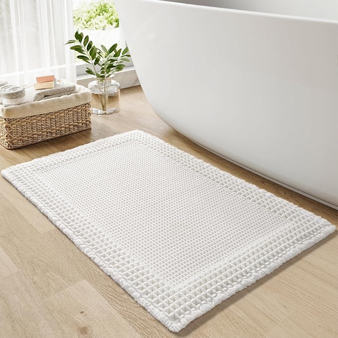 RESARE Waffle Bath Mat for Bathroom, Super Absorbent Bathroom Rugs Non Slip Machine Washable, Ultra Soft Quick Dry Boho Bath Rugs with Tassels, Farmhouse Home Decor Accessories, 18"x30" White