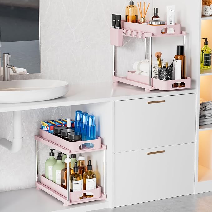 VERIFOST Under Sink Organizer, 2 Pack Kitchen and Bathroom Cabinet Organizer, 2 Tier Adjustable Height Storage, Pink