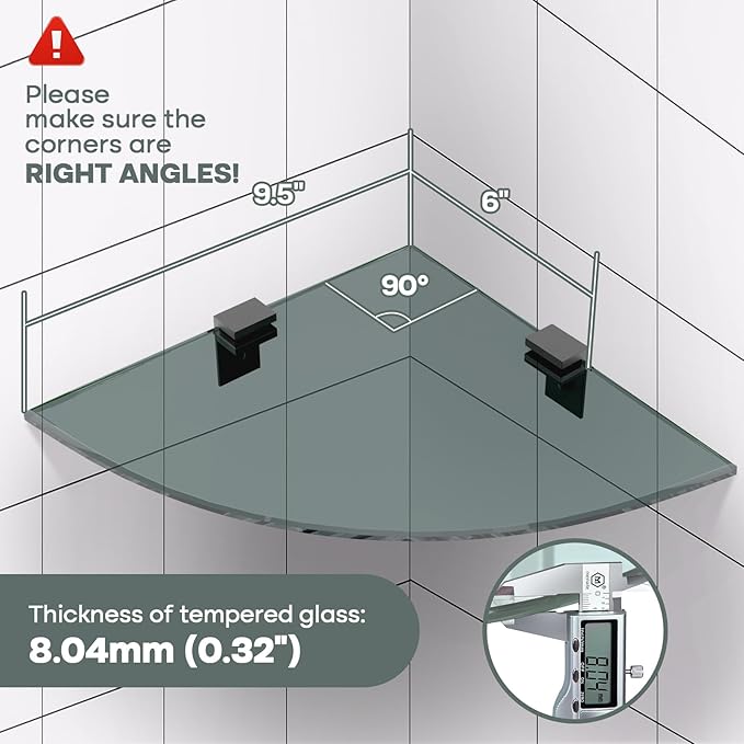 Bakzon 2-Pack Glass Shelf Shower Caddie, Shower Shelves for Inside Shower, Drilling Free Adhesive Wall Mounted Bathroom Organizer Shelves with Aluminium Brackets, Black