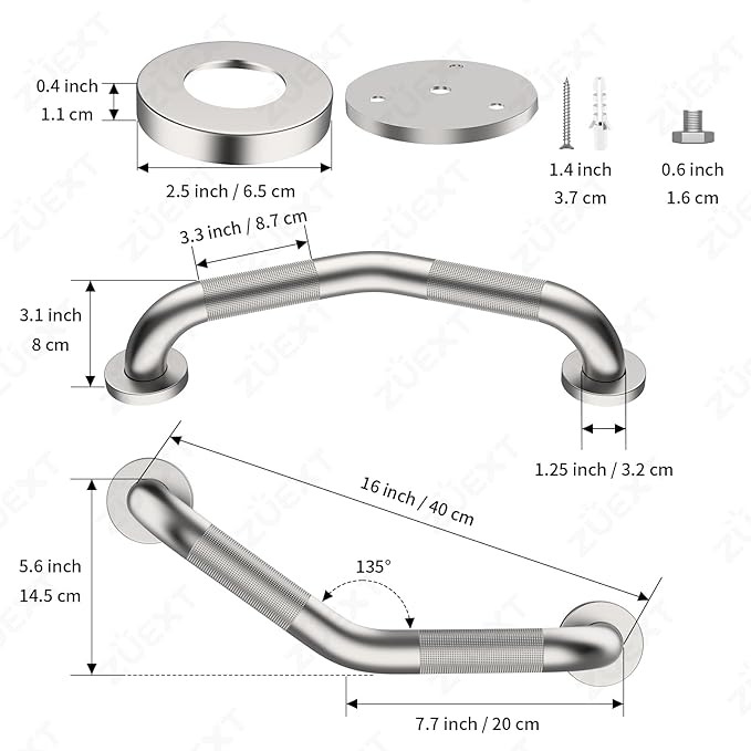 16 Inch Angled Grab Bar 2 Pack, ZUEXT Anti Slip Shower Grab Bar, Brushed Nickel Stainless Steel Knurled Bathroom Balance Bar, Safety Handrail Support,Handicap Elderly Injury Senior Assist Bath Handle