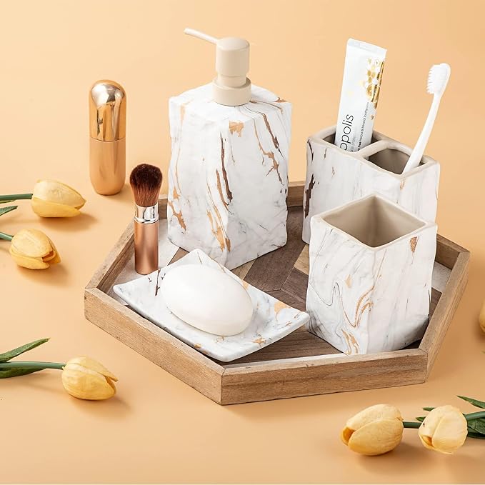 RQYIXI Bathroom Accessories Set 4 Pcs Marble Look Sets Toothbrush Holder Soap Dispenser Counter Top Ceramic Bathroom Decor Set Gold