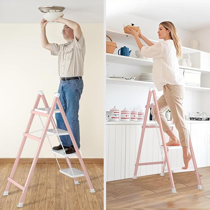 DIAMONDFORGE 4 Step Folding Ladder, Heavy Duty Steel Step Stool with Anti-Slip Wide Pedal & Feet, 600 lbs Capacity, Safety Ladder for Home and Office, Pink White
