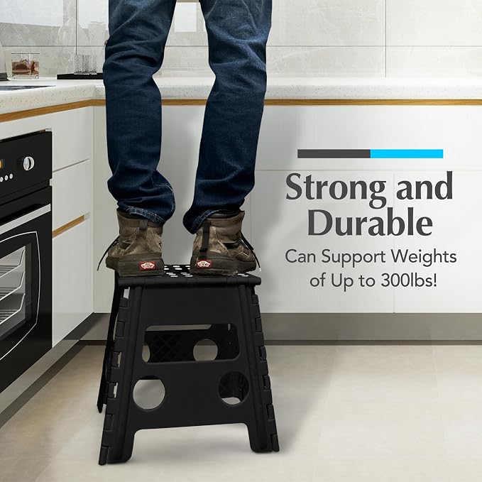 Handy Laundry Folding Lightweight Step Stool - Sturdy Enough to Support Adults - Opens Easy with One Flip - Great for Kitchen, Bathroom or Bedroom (Black- 13 inch)