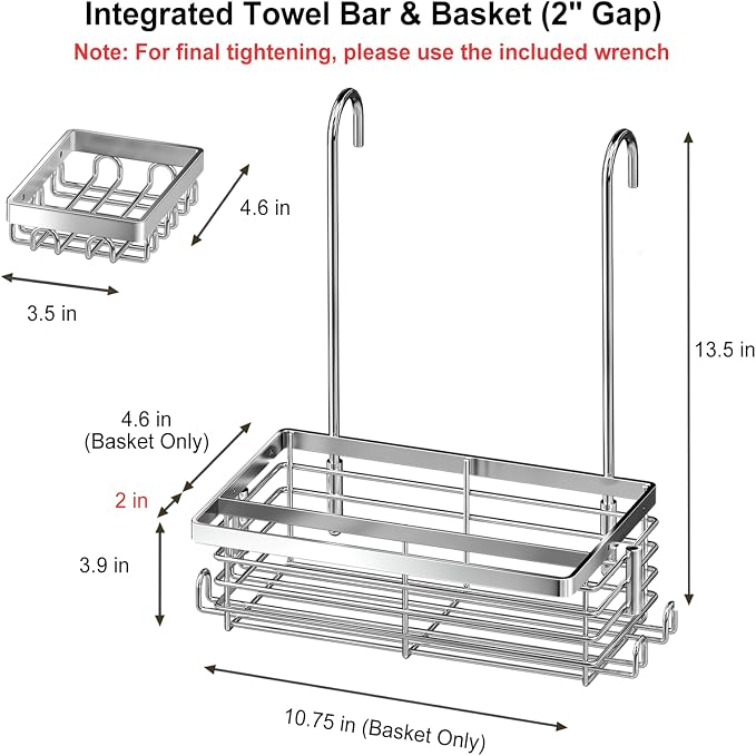 Hanging Shower Caddy, 304 Stainless Steel Shower Organizer with Towel Bar & Hooks, Over Shower Rod, Towel Bar or Glass Panel Storage Basket with Soap Holder, Rustproof Bathroom Caddy, 2 Pack