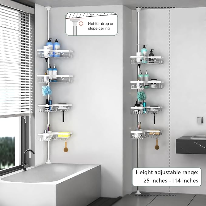 DAOYA Shower Caddy Tension Pole Corner - Stainless Steel Bathroom Organizer White Tension Rod Shower Shelves for Tub(22-114.2inch), Renter Friendly