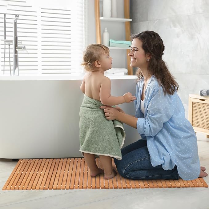 Bamboo Bath Mat Bathroom Runner Long Large Rugs Floor Wood Shower Bathtub Waterproof Non Slip Accessories 16x48 Inch Easy to Clean, Natural Bamboo, 1 pc