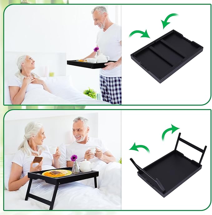 Artmeer Bed Tray Table with Folding Legs, Bamboo Breakfast Food Tray with Media Slot, Use As Platter, Laptop Desk, Snack, TV Tray Kitchen Serving Tray (Black Extra-Large Size)