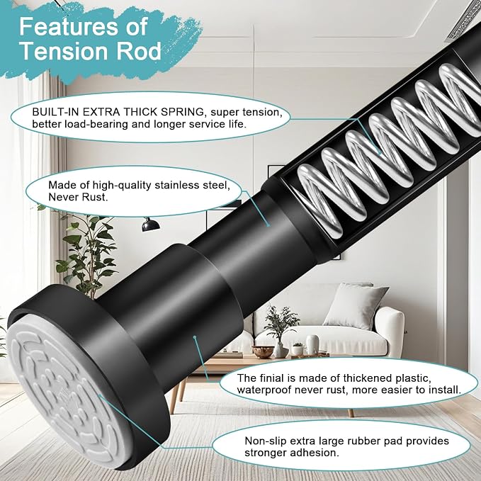 YNL Black Shower Curtain Rod 32-64 Inch(2.7-5.33ft), Non-Slip, Never Rust, Stainless Steel No Drill Spring Tension Shower Rod, Adjustable Curtain Rod for Small Window Doorway Closet