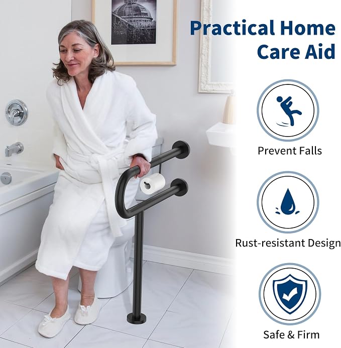 Toilet Support Rail w/Toilet Paper Holder 24x28 Inch, ZUEXT Wall to Floor Matte Black Anti-Slip Handicap Grab Bar for Bathroom, Stainless Steel Safety handrails with Leg for Elderly Disabled Pregnant