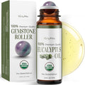 Eucalyptus Essential Oil Roll On for Sinus Congestion Headache - 100% Pure USDA Organic MCT Coconut Oil - Cooling Breathwork Chest Aromatherapy Mental Clarity Focus - Gemstone Roller 10ml Travel Size