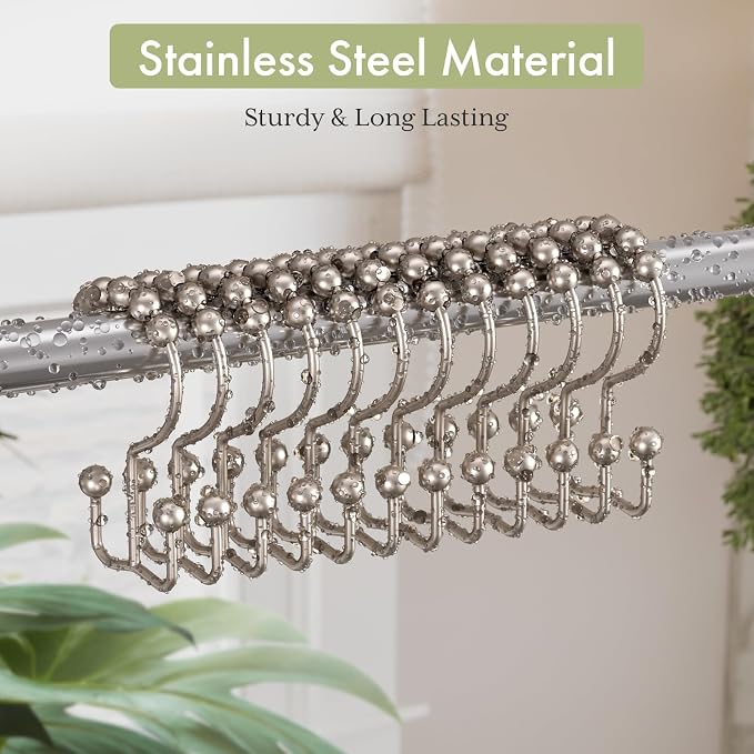 Amazer Shower Curtain Hooks Rings, Stainless Steel Shower Curtain Rings, 12Pcs Double Glide Shower Hooks for Bathroom Shower Curtain Rods Dual Rust-Resistant Shower Rings, Matte Nickel