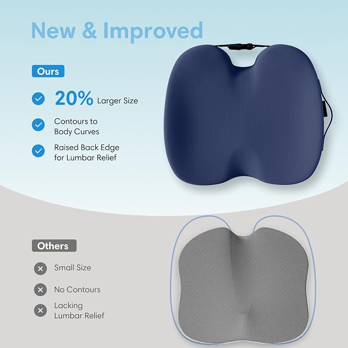 Large Memory Foam Seat Cushion for Office Chair, Car, Truck & Wheelchair - Sciatica Ease, Coccyx & Tailbone Pain Relief Cushion for Long Sitting & Driving
