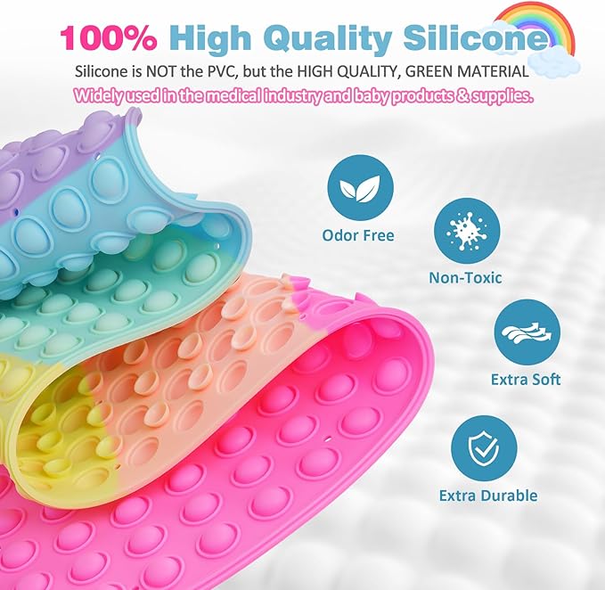 Silicone Push Pop Bath Mat – 33"x17.3" Extra Large Rainbow Bathtub Mat with 391 Suction Cups, CPC Certified Non-Slip Sensory Toy, Calming Stress Relief for Bath Time
