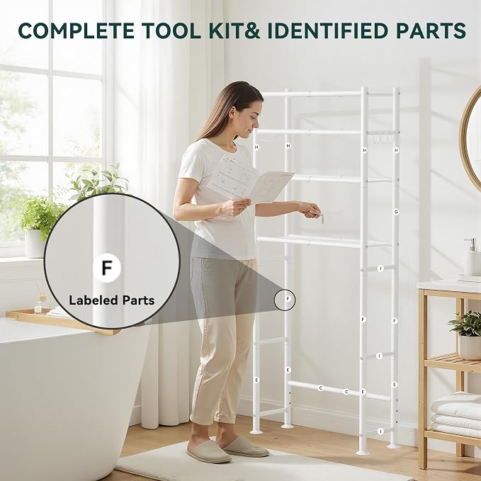 GloTika 4-Tier Over The Toilet Storage, 200lb Total Capacity Metal Bathroom Organizer with 36" Clearance, Includes Paper Holder & 4 Hooks, Space Saving Rack for Bathroom Laundry Room (64" H, White)
