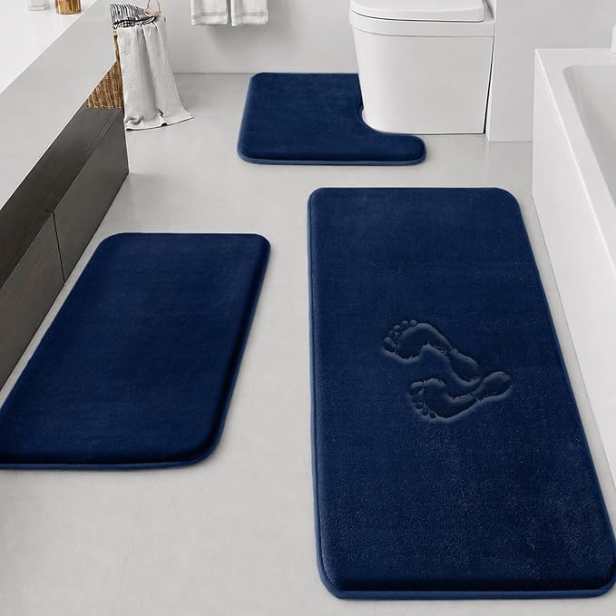 HUXMEYSON Bathroom Rugs Sets 3 Piece, Non-Slip & Quick Dry Bath Mat Set, Ultra Soft Velvet Bath Rugs for Bathroom, Toilet and Shower Floor, Navy
