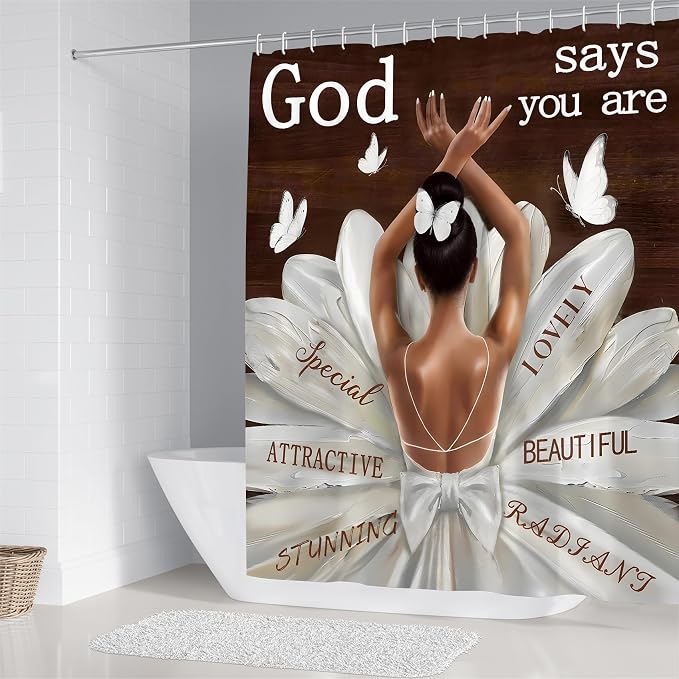 LQCOOL 4Pcs Black Girl Shower Curtain Set, Ballet Girl Bathroom Sets, Waterproof Bathroom Sets with Shower Curtain and Rugs, Shower Curtain with 12 Hooks