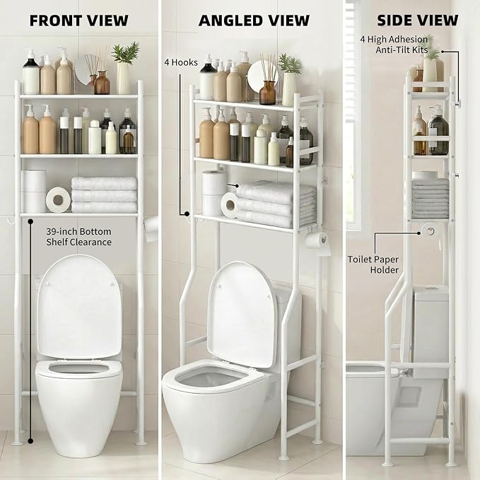 GloTika 3-Tier Over Toilet Storage with Anti-Tilt Safety System - 150lb Total Capacity Metal Bathroom Shelves Including Paper Holder & 4 Hooks, Space Saving Above Commode Organizer (64" H, White)