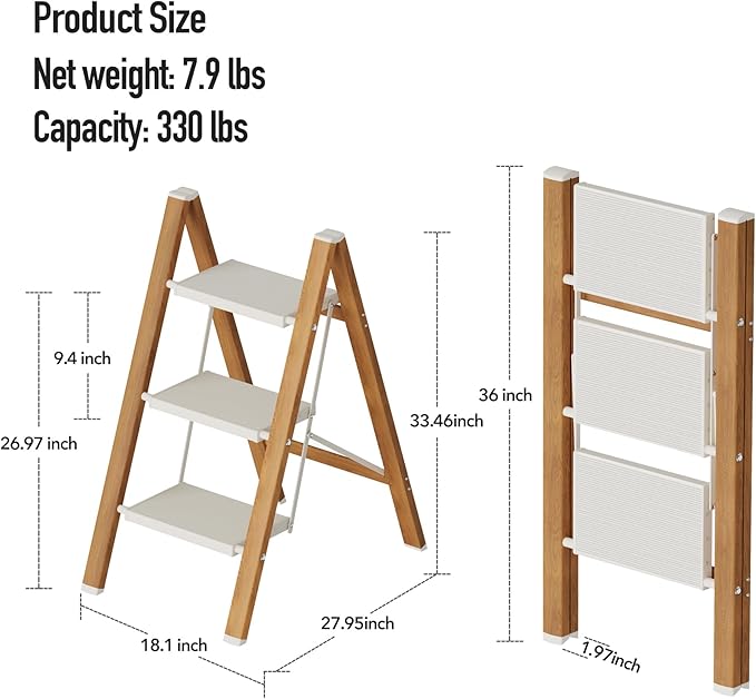 Mayi Plus 3 Step Lightweight Aluminum Folding Ladder, Portable Step Stool with Wide Anti-Slip Pedals, 330 lbs Capacity for Home,Cleaning Tasks（White&Woodgrain）