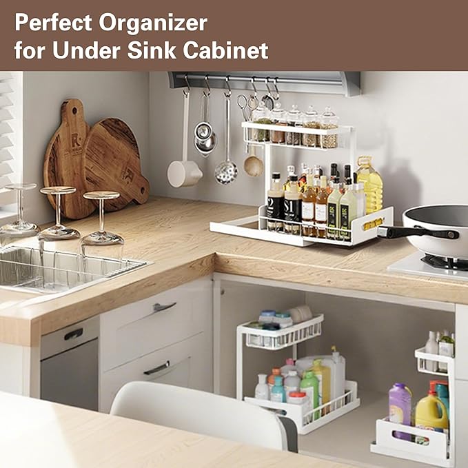 VUSIGN 2 Tier Under Sink Organizer and Storage, Slide Out Pull Out Cabinet Organizer Shelf, Storage for Kitchen Bathroom Laundry, 1Pack, White
