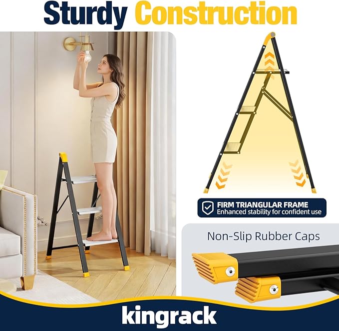 KINGRACK Aluminum Step Ladder, 3 Step Ladder Folding Design, Step Stool Foldable with Safe Grip, Non-Slip Handrails, Safety Lock, Heavy Duty 330LBS for Home, Kitchen, Garage, RV, Black