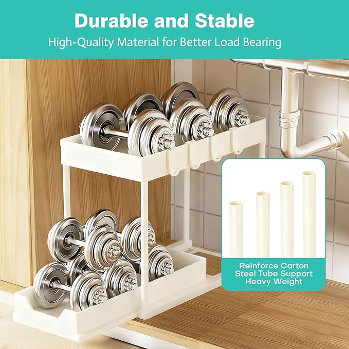 Under Sink Organizers and Storage 2 Pack, Pull-Out Sliding Cabinet Organizer with 2-Tier Storage Shelf & 4 Hooks, Multi-Purpose for Kitchen & Bathroom (13 Inch, White)
