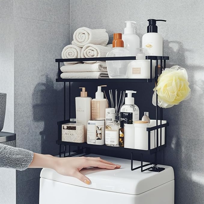 ShellKingdom Over The Toilet Storage Shelf, 2 Tier Toilet Paper Holder Stand Shelves, Punch-Free Bathroom Storage Rack with 2 Hooks, Small Space Organizers for Bathroom, Home, Countertop, Black