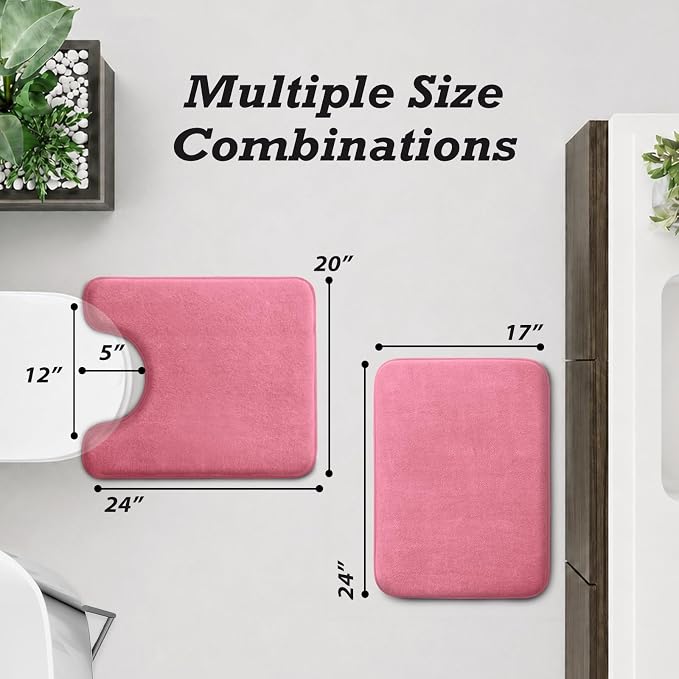 HUXMEYSON Bathroom Rugs Sets 2 Piece, Non-Slip & Quick Dry Bath Mat Set, Ultra Soft Velvet Bath Rugs for Bathroom, Toilet and Shower Floor, Pink