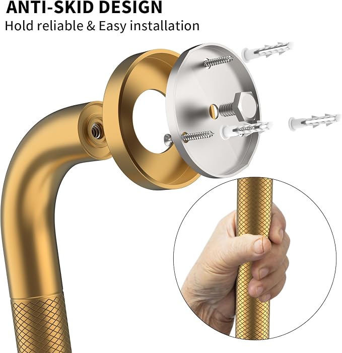3 Pack Anti Slip Commercial Grab Bar Bundle for Shower, Munzong 16" 24" 32" Gold Bathroom Grab Bar, 1.25" Diameter Handicap Balance Bar,Safety Hand Rail Fort Elderly Injury Senior Assist Bath Handle