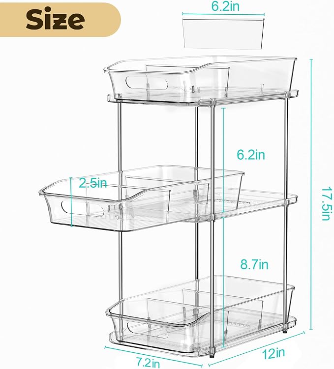 incostar 3 Tier Under Sink Organizer, 2 Pack 3 Tier | Pull-Out Storage, With Dividers, Slide-Out Clear Storage, For Cupboard Bathroom Vanities Cabinet