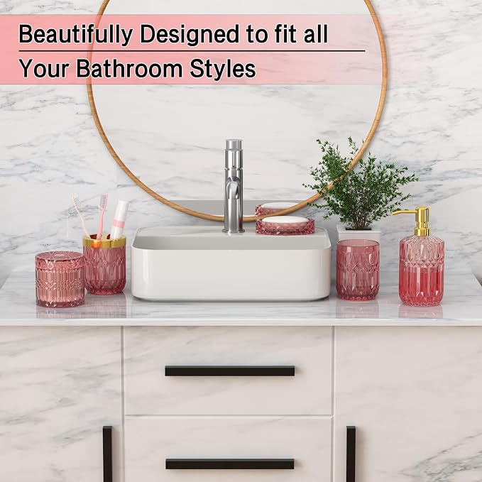 New Pink Glass Bathroom Accessories Set 5 Pcs, Pink Bathroom Set, Soap Dispenser and Toothbrush Holder Set, Qtip Holder Set, Vintage Bathroom Sink Set, Cute Bathroom Decor