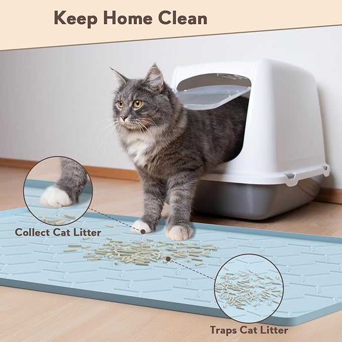 Garoopion Silicone Cat Litter Trapping Mat, Large Waterproof 34" X 22" Cat Litter Box Mat, Easy to Clean, Blue