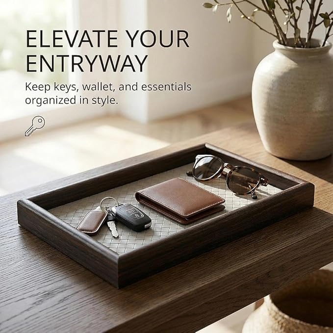 Wooden Valet Tray with Leather Base - Nightstand Catchall Organizer for Cologne, Perfume, Keys, Wallet, Phone, Watch, Jewelry & Sunglasses (Llight Gray)