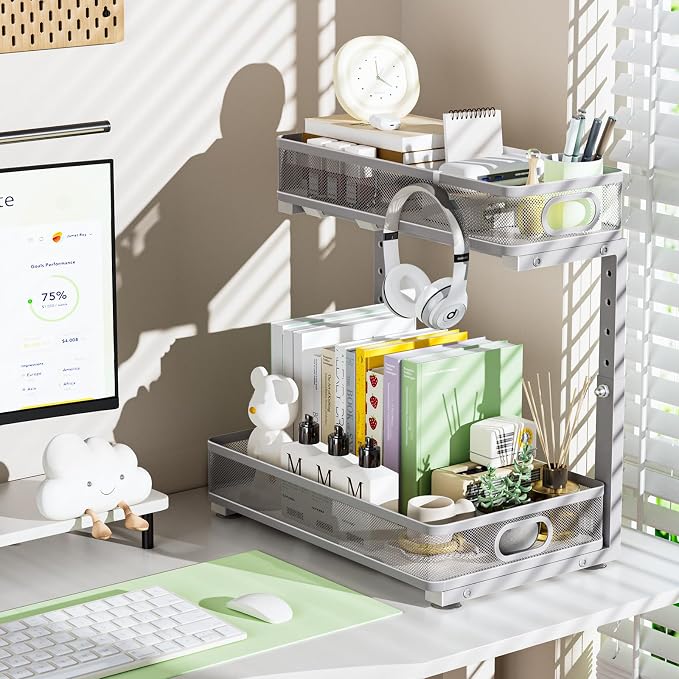 Under Sink Organizer 2 Pack, High Adjustable 2 Tier Under Sink Organizers and Storage, Slide out Metal Cabinet Organizers, Pull out Storage Drawer Shelf for Kitchen Bathroom Cabinet