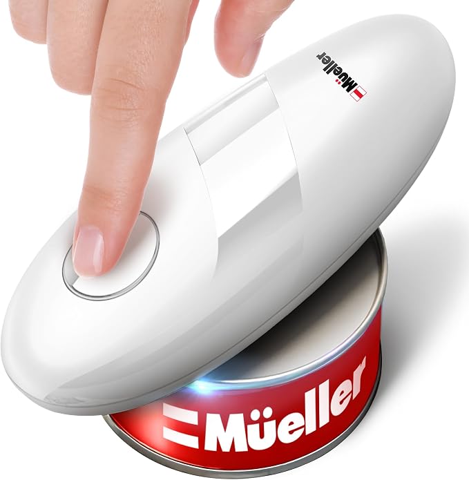 MUELLER HOME SmoothEdge Auto Electric Can Opener – Battery‑Operated One‑Touch w Magnet Lid Lifter, Smooth‑Edge Cut Technology – Portable Hands‑Free Automatic Can Opener for Seniors & Arthritis, White