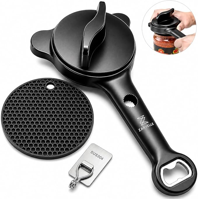 Jar Opener for Seniors with Arthritis, Easy Grip Adjustable Lid & Bottle Opener Set with Non-Slip Silicone Pad & Stainless Steel Hook, Black