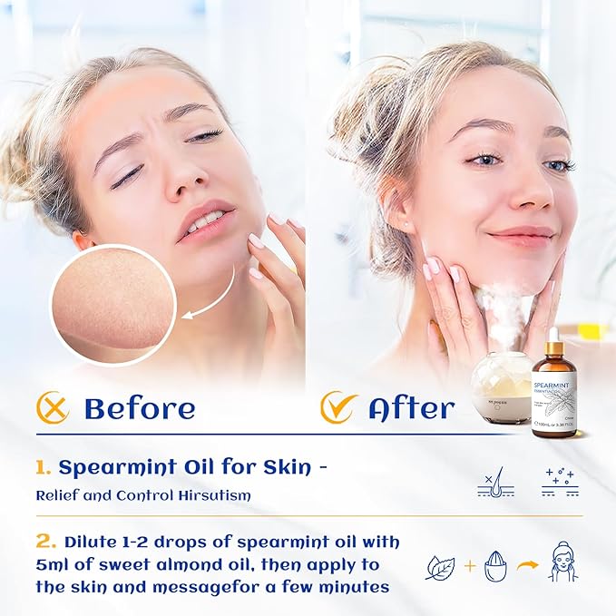 HIQILI 100ML Spearmint Oil for Skin Care, Facial, Can be Added to Lotions, Creams -100% Pure Natural Treatment Grade - 3.38 Fl Oz