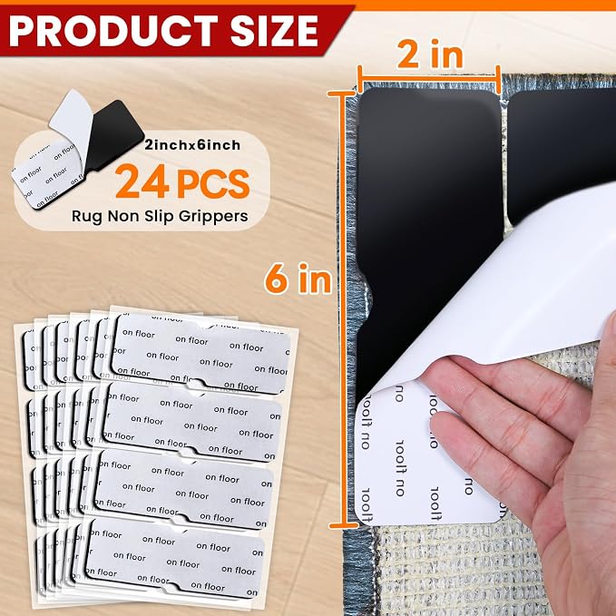 Rug Non Slip Grippers, Reusable Rug Tape Pads for Hardwood Floors, Laminate Floor, Tiles, No Residue on Flooring, Strong Adhesive Carpet Tape for Area Rugs, Keep Corners Flat (24)