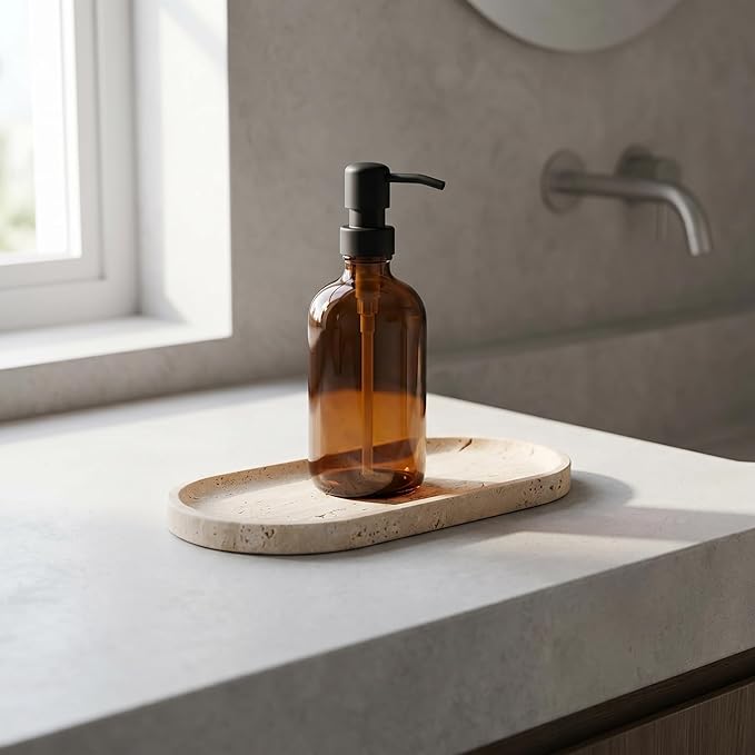 YKAJO Oval Real Marble Tray for Bathroom Kitchen Counter Stone Decorative Vanity Tray for Dresser Perfume Heavy Catchall Organizer for Soap Jewelry (Yellow Travertine, 9.8" x 4.7")