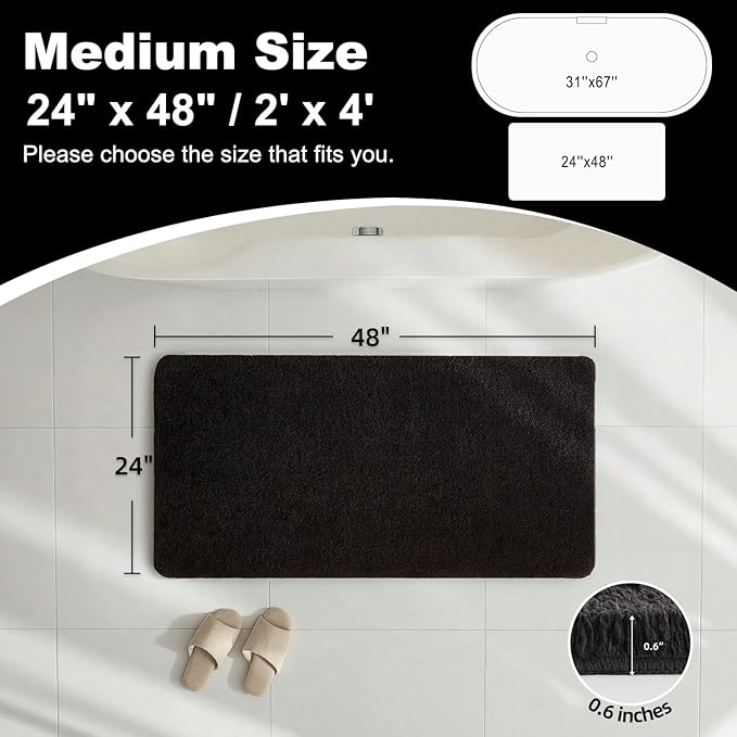 TYUU Black Bathroom Rug, Ultra Soft Bath Rugs Non Slip Washable, Super Absorbent Quick Dry Bath Mat with Rubber Backing for Bathroom Floor, Shower, or Sink, Black 24" x 48"