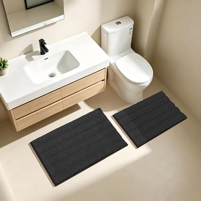Bcoimo Bathroom Rug Set, Chenille Bath Mat Set with High Low Pile Design, Soft Absorbent Non Slip Bathroom Rugs, Machine Washable Quick Dry Mats for Shower, Tub, Sink and Vanity