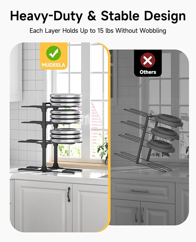 MUDEELA Pots and Pans Organizer Rack under Cabinet 20.8" Height, 8-Tier Adjustable Heavy Duty 120LBS Pot and Pan Organizer Rack inside Cabinet for Kitchen Organizer Cast-iron Pans, Heavy Cookware