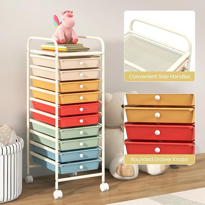 10-Drawer Rolling Storage Cart, Trolley w/Lockable 360° Wheels, 10 Removable PP Drawers, Sturdy Metal Frame, Rolling Utility Cart Perfect for Home, Office, Classroom (Macaron)