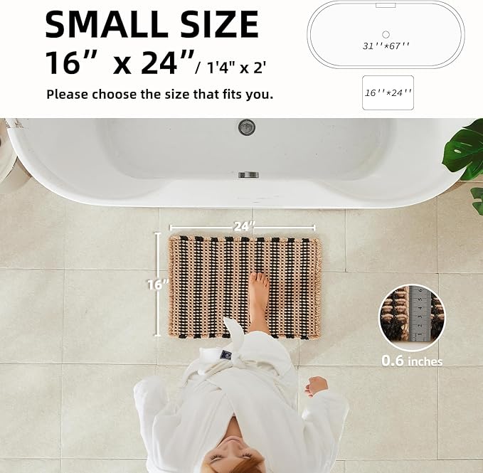 TYUU Waffle Bath Mat, Boho Bathroom Rugs Non Slip Washable Super Absorbent Quick Dry Bath Mat Farmhouse Bathroom Decor, 24"x16" Black and Khaki