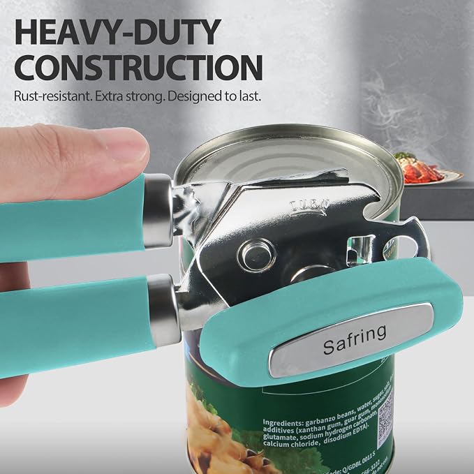 Safring Can Opener Manual, Heavy Duty Handheld Strong Can Opener with Soft Touch Handle, Sharp Blade Smooth Edge, Can Openers with Multifunctional Bottle Opener, Aqua Sky