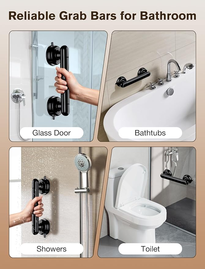Grab Bars for Bathtubs and Showers, Shower Handles for the Elderly and People in Need, 2026 Upgraded Rubber Suction Cup with Maximum 350 lbs Suction Power, No Drilling-(Black-2 Pack)