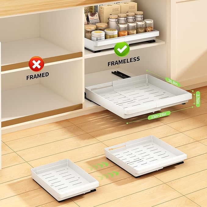 DOMNIU 2 Pack Pull Out Cabinet Organizers Expandable (13''-19''), Plastic Slide Out Drawers for Kitchen, Bathroom, Pantry, Under Sink Storage, Pull Out Drawers Fixed with Adhesive Nano Film (White)