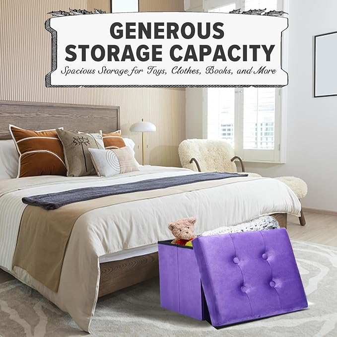 LINMAGCO Storage Ottoman Folding Foot Stool Velvet Foot Rest with Padded Modern Ottoman with Storage for Living Room Puppy Step Stool 17x13x13in(Purple)